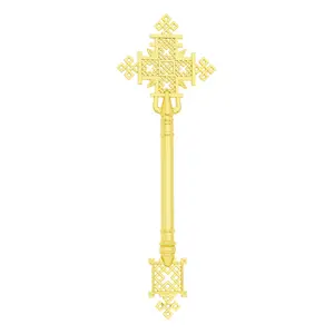 Gold Plated Orthodox Hand Cross, 9.06" Jerusalem Blessing Cross with Intricate Filigree, Christian Clergy Altar Staff for Liturgy and Religious Gifts, Religious Home Decor