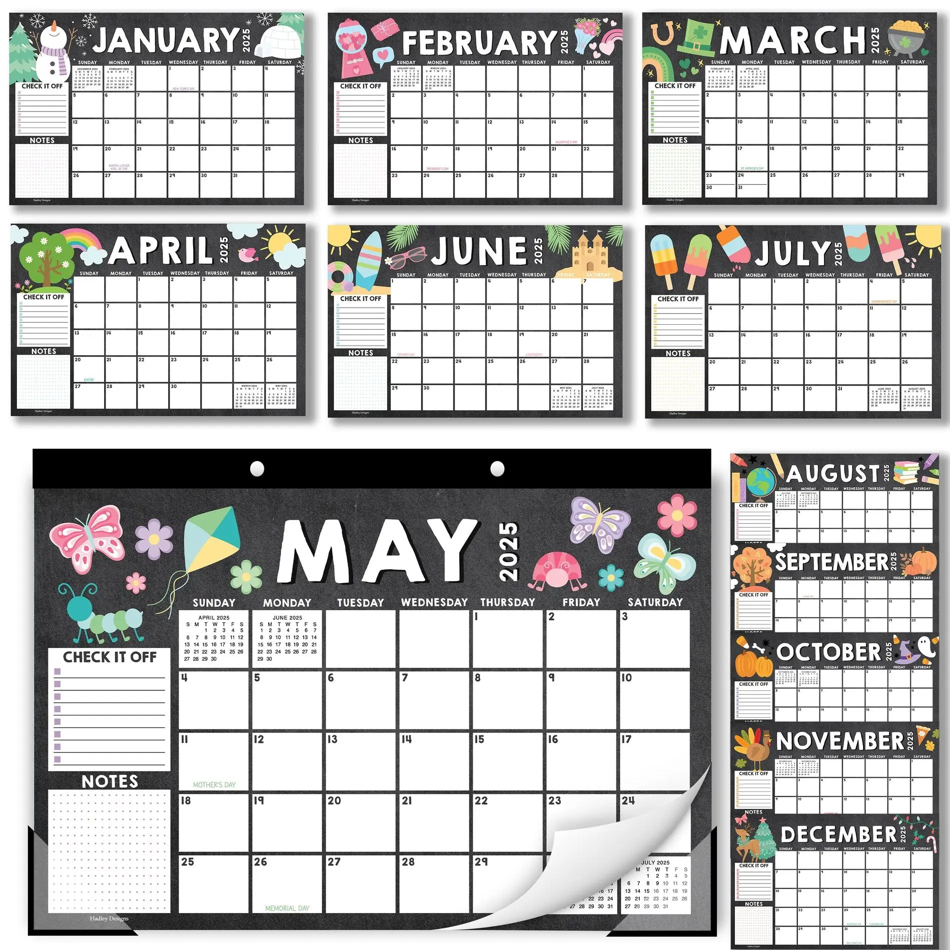 Hadley Designs Chalk Doodle Large Desk Calendar 2025-2026 18-Month 11x17 Inches with Hanging Holes & Corner Protectors for Easy Wall Display