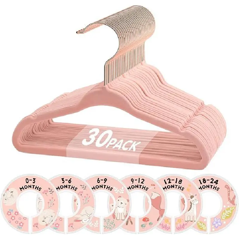 Classy Soft Velvet Baby Clothes Hangers Bulk Pack - 30pcs 11in ABS No-Slip Hangers with 360° Swivel Metal-Plastic Hooks, Pegs, 6 Adjustable Dividers, Beige Toddler Nursery Closet Organizer for Hanging (Baby Shower Gift, Bathroom/Balcony Home Accessory)