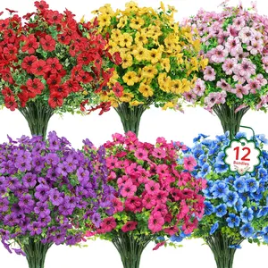 12 Bundles Artificial Flowers for Outdoors, Fake Silk UV Resistant Faux Plastic Plants for Garden, Porch, Window Box, Table Vase, Home Indoor & Outdoor Decor