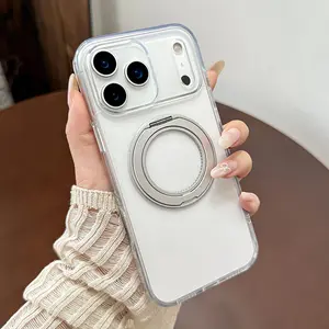 IPhone 17 Pro Max Case with Built-in 360° Rotating Stand TPU+PC Material Transparent Soft Drop-Resistant Protective Cover for iPhone 17/16/15/14/13 Pro Max