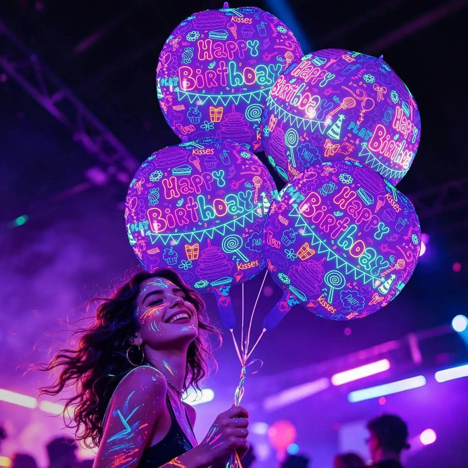 Mega-L Neon Birthday Balloons, 4 Pcs Glow Fluorescent Painted Balloons | Glow In The Dark Party Supplies, Neon Birthday Party Decorations, Neon Balloons For Birthday, Glow Under Black Lights