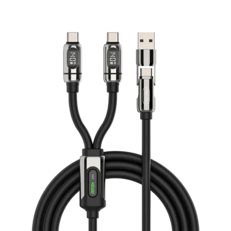 mfish Gemini Dragon 2-in-1 USB-C+Lightning Electronic Charging Cable, Built-in LCD Port, 140W PD 3.1 Fast Charging Silicone Alloy Cord, Durable Intelligent Power Distribution for iPhone & MacBook