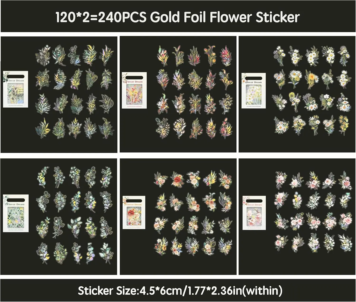 Botanical Transparent Waterproof Stickers - 240 Pieces, Varied Sizes, Flower & Eucalyptus Decor, Holographic Trim for Scrapbooking, Nature Crafts, Face Covering Mask Accessories