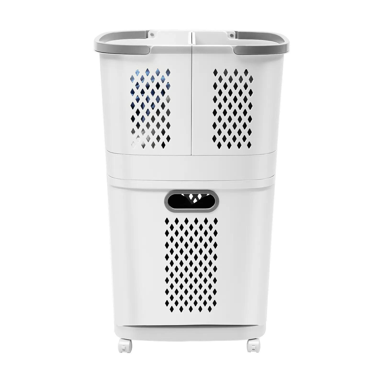 3-Tier Rolling Polypropylene (PP) Laundry Hamper Kit with 360° Smooth-Roll Wheels - 74cm Large Capacity Laundry Bin, Clothes Basket, Wipe-Clean Modern Grey White Wall-Mount Mobile Storage Organizer Cart for Bedroom, Bathroom
