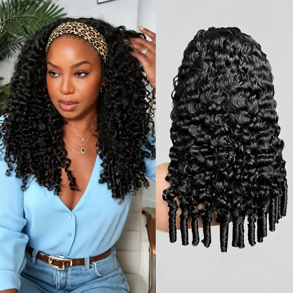 Bling Hair Headband Wigs Human Hair Burmese Curly Easy To Wear Glueless Wigs 180% Density Full Machine Made Wig Beginner Friendly Deep Curly Wigs For Black Women