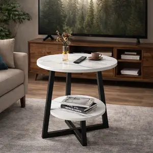 Modern 2-Tier Metal Coffee Table with Storage Shelves Compact Round Side Table for Living Room Balcony or Bedroom White Marble Top 4 Color Options Minimalist Design Versatile Furniture Small Space Living