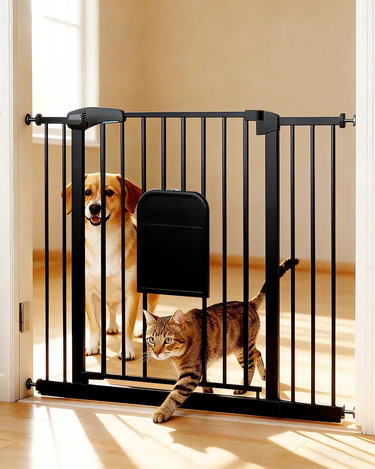 Adjustable Baby Gate with Cat Door, Auto-Close Pressure-Mounted Safety Gate for Doorways & Stairs – Ideal for Multi-Pet Homes (29–45 Inches, White/black)