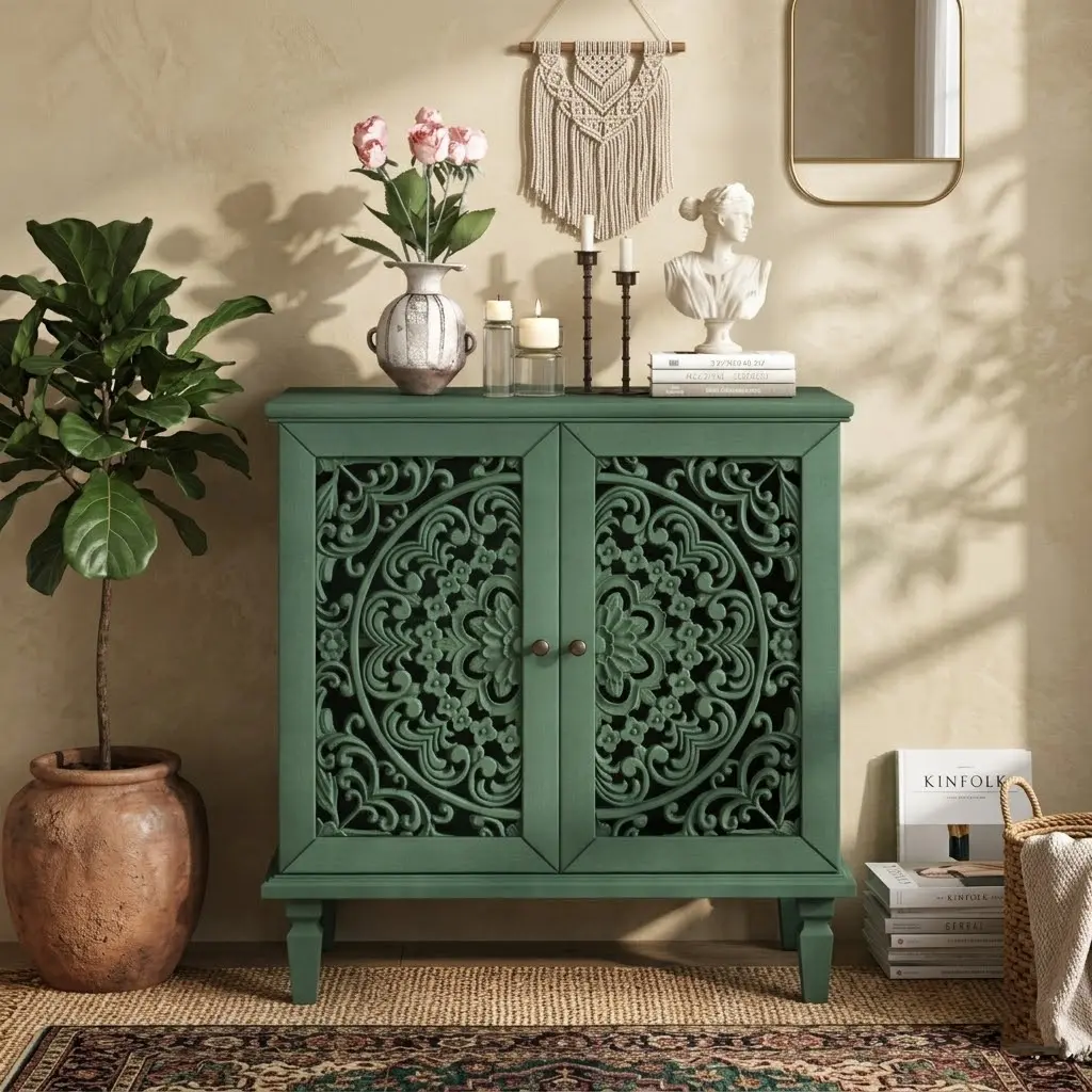 Classic Indoor Sturdy Green Wood Cabinet - Hollow-Floral Carved Double-Door Sideboard, Flat Pack DIY Assembly, Adjustable Shelves, Symmetrical Design, 31.5x15.75x31.5in Renter-Friendly Space-Saving Storage for Living Room, Home Library Collectibles, Assem