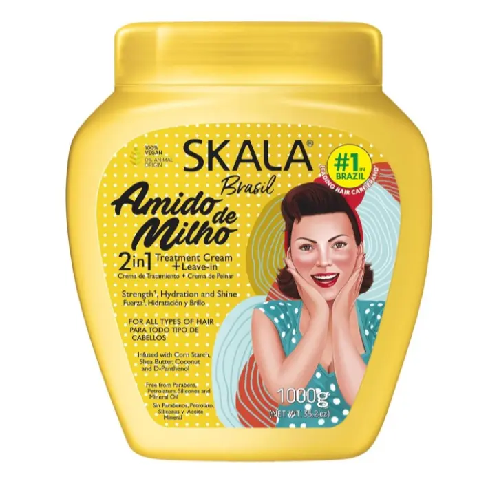 Skala Amido de Milho 2-in-1 Hair Treatment Cream & Leave-In Conditioner - Haircare with Corn Starch, Shea Butter, Coconut Oil, Anti-Frizz, Shine, Moisturizing for Dry Hair & Defined Curls, 35.2 oz, Hair-Moisturizing