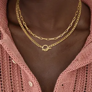 VIROMY 14K Gold Plated Layered necklace paper clip chain double layered necklace geometric OT buckle clavicle chain hip hop necklace fashion mix and match paper clip necklace