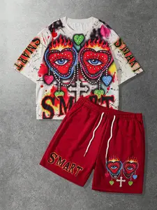 Streetwear Hip-Hop Graffiti Print Set, American Style Loose T-Shirt + Shorts, Unisex Casual, Long Fitted Clothing