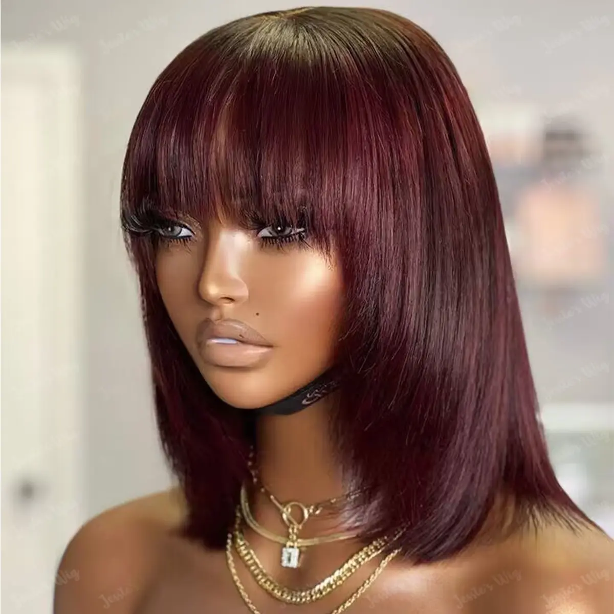 Jessie's Wig Burgundy 99J Color Straight Layered Cut Bob Wigs With Bangs 4x4 Lace Glueless Wig With Fringe