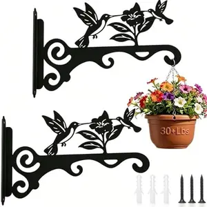 Elegant Bird Pattern Wall Hooks - 10/12/14 Inch Metal Plant Hangers for Indoor & Outdoor - Rust-Resistant Bracket for Plants, Feeders, Chimes, Lanterns (2, Black, 10 inch)