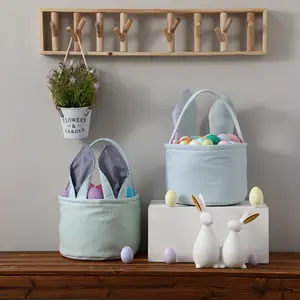 Easter Bunny Storage Bucket with Adorable Pink Stripe Rabbit Ear Design, Children's Festival Storage Basket, Gift Baskets