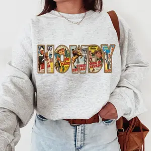 Howdy Vintage Collage Sweatshirt, Crewneck Graphic SweatShirt, cowgirl outfits, western outfit women, western tops, western tops, rodeo outfits women, shirt sweatshirt hoodie