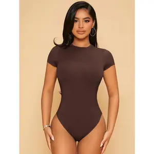 SHEIN PETITE Solid Slim Fit Bodycon Bodysuit Sleeve Womenswear Tops Comfort Fabric Casual Sheer Basic Chocolate Brown Minimalist Shortsleeve