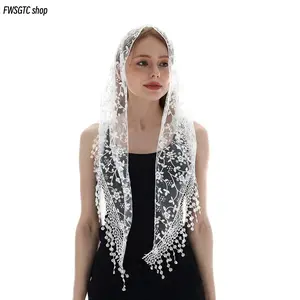 Elegant triangle lace mantilla veil crafted from soft fine tulle with delicate texture. Suitable for church mass prayer use, also serves as a beautiful matching accessory for weddings and bridesmaids.