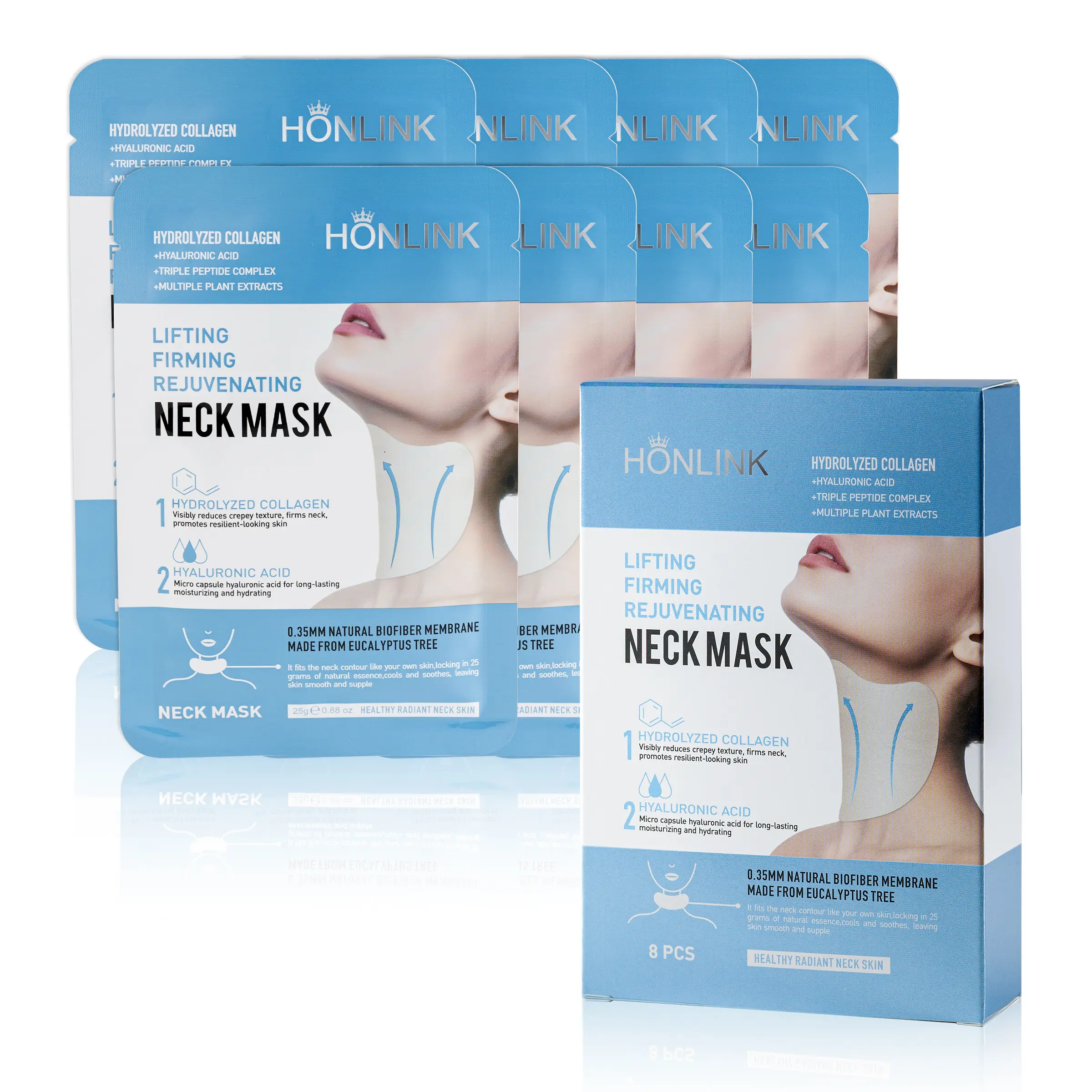 HONLINK Neck Mask (8PCS), Gentle Plant-Based Moisturizer Neck Firming Mask with Hydrolyzed Collagen, Hyaluronic Acid & Hyaluronic Boost for Crepey Skin, Reduces Fine Lines, Enhances Elasticity & Radiant Skin, Plant‑Based Mask