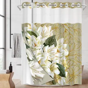 1PC 2D Flat Luxury Golden Line Magnolia Shower Curtain, Creamy White Lily Gold Outline Design, Waterproof Detachable Liner Bathroom Curtain (No Hooks) Flowers Floral Shower Curtains For Bathroom