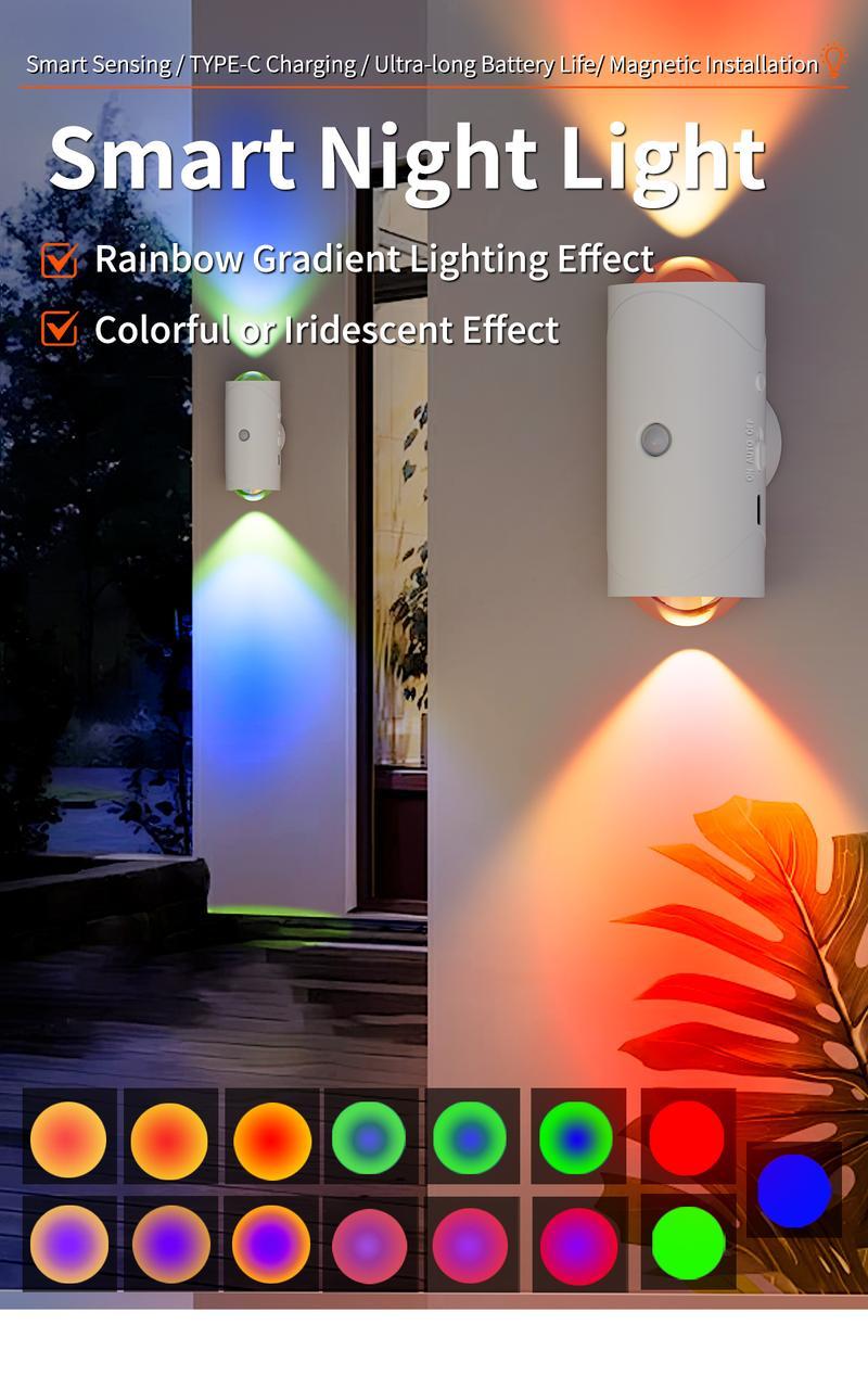 Smart Rechargeable LED Night Light with Motion Sensor | RGB Gradient & Dimmable Wall Lamp | Magnetic Stick-On Design, USB Charging, Long-Lasting Battery | Perfect for Halloween, Bedroom, Stairs, Hallway & Entryway Decor