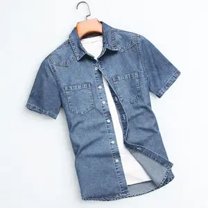 Menswear Short-Sleeve Denim Shirt - Casual Western Style, Button-Down Collar, Chest Pocket, Plain Light Wash Summer Top