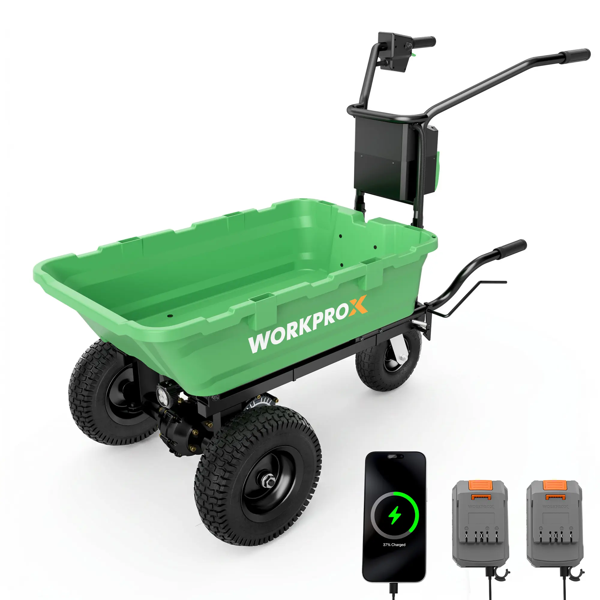#backtoschool WORKPROX 40V Brushless Electric Wheelbarrow with Dual 4.0Ah Batteries, 440 lbs Load Capacity, 3-Speed Forward & Reverse, Climbs Slopes Up to 15°, LED Display, Built-in Light & Horn