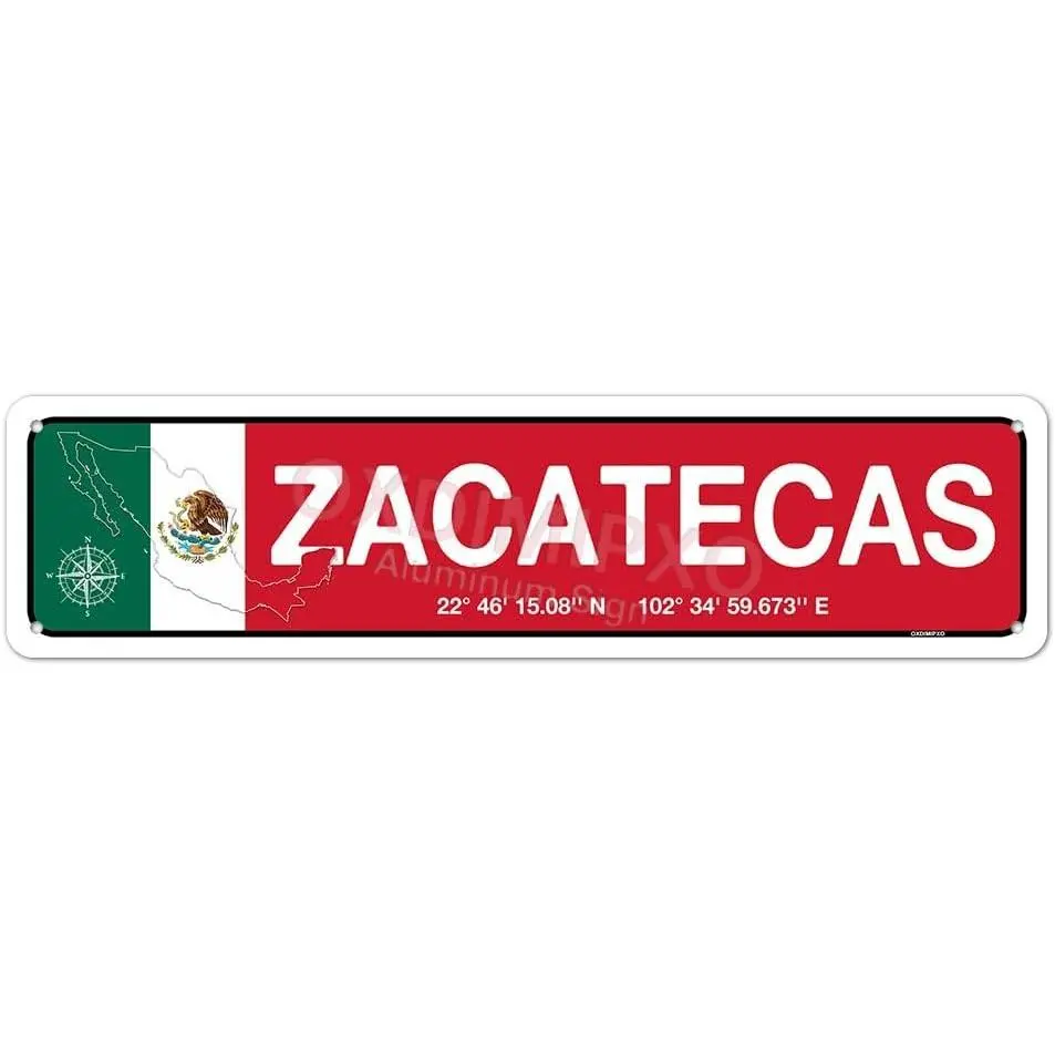 Zacatecas Mexico - Mexican Flag Metal Sign, Novelty Aluminum Street Way Signs 4x16 Inch Slim Wall Art, Coffee Restaurant Bar Decorations, Farmhouse/Home/Kitchen/Office/Man Cave/Pub Room Décor, mexico, music