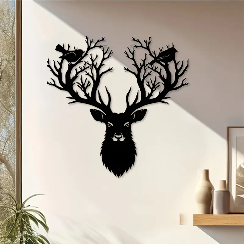 1 piece of retro black painted metal deer head wall decoration with bird - elegant stag and bird design, durable iron wall decoration, suitable for indoor/outdoor gardens, courtyards, living rooms - ideal housewarming gift, Christmas