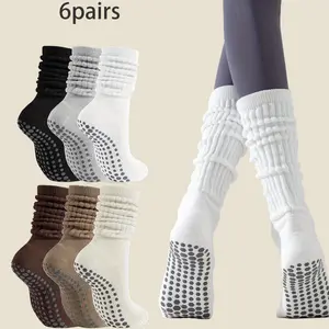 Pilates Socks with Grips for Women 6 Pairs Long Scrunch Non Slip Yoga Barre Workout Slouch Socks Breathable & Sweat-Wicking Arch Support Boot Crew Scrunch Socks for Yoga Ballet Barre Running Hiking