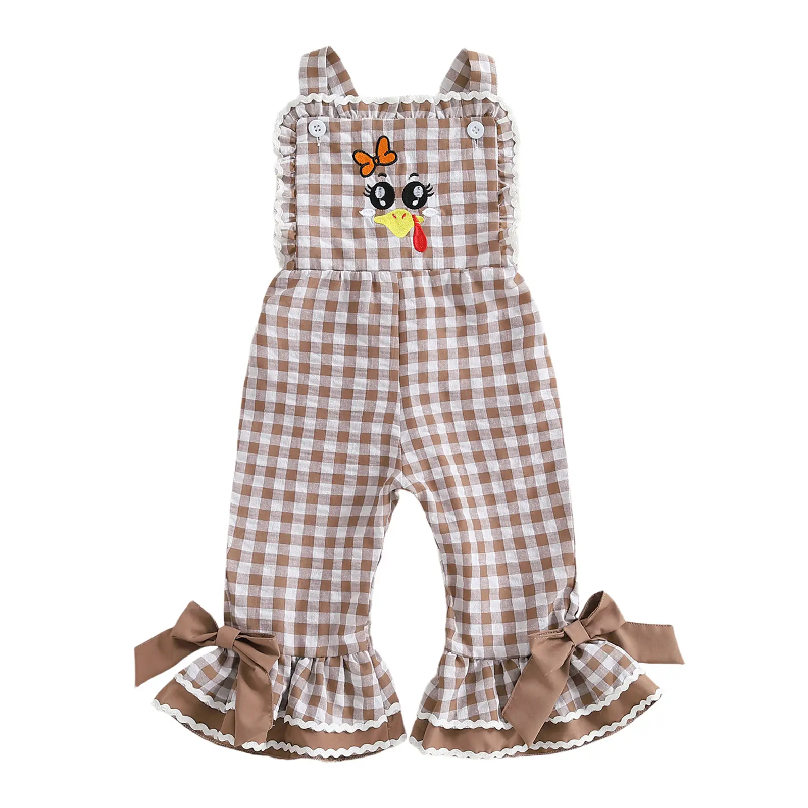 Toddler Baby Girl Halloween Costume - Sleeveless Plaid Striped Flared Legs Romper Jumpsuit with Pumpkin Turkey Motif Suspender Overalls Pants (Thanksgiving Outfit), Fashion Apparel, Baby Halloween Costume For Girls