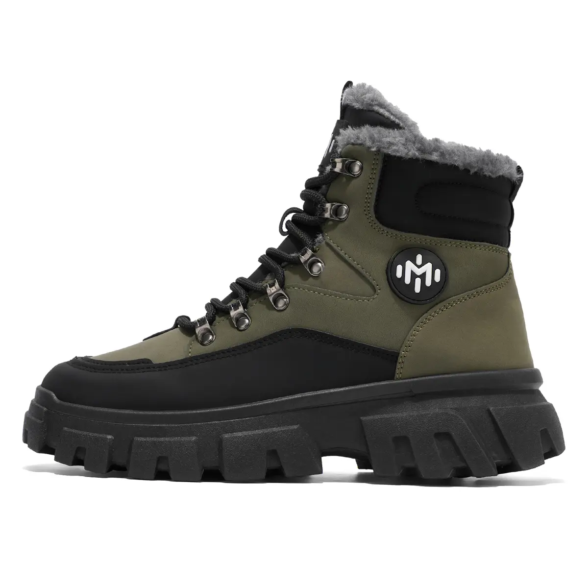 Ultra Warm Fleece Fur Lined Platform Military Combat Boots For Men, Two-Tone Waterproof Color Block Lace Up High Top Ankle Snow Boots, Rugged Deep Lug Anti-Slip Traction Sole Cold Weather Hiking Construction Outdoor Work Boots