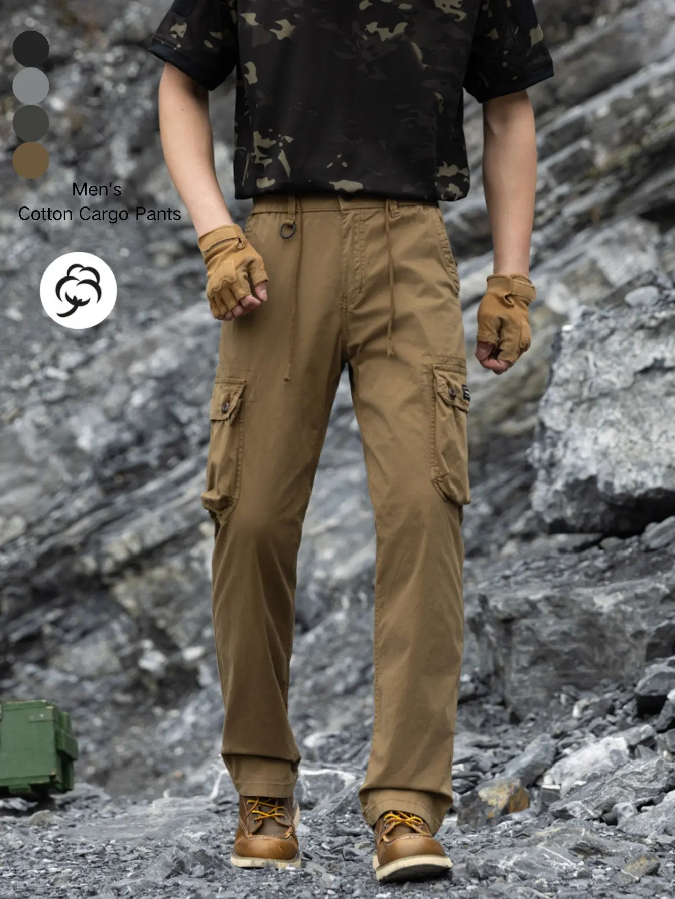 Men’s 4-Color Pure Cotton Cargo Pants - Drawstring Straight Leg, Multi-Pocket, Outdoor Casual Long Pants