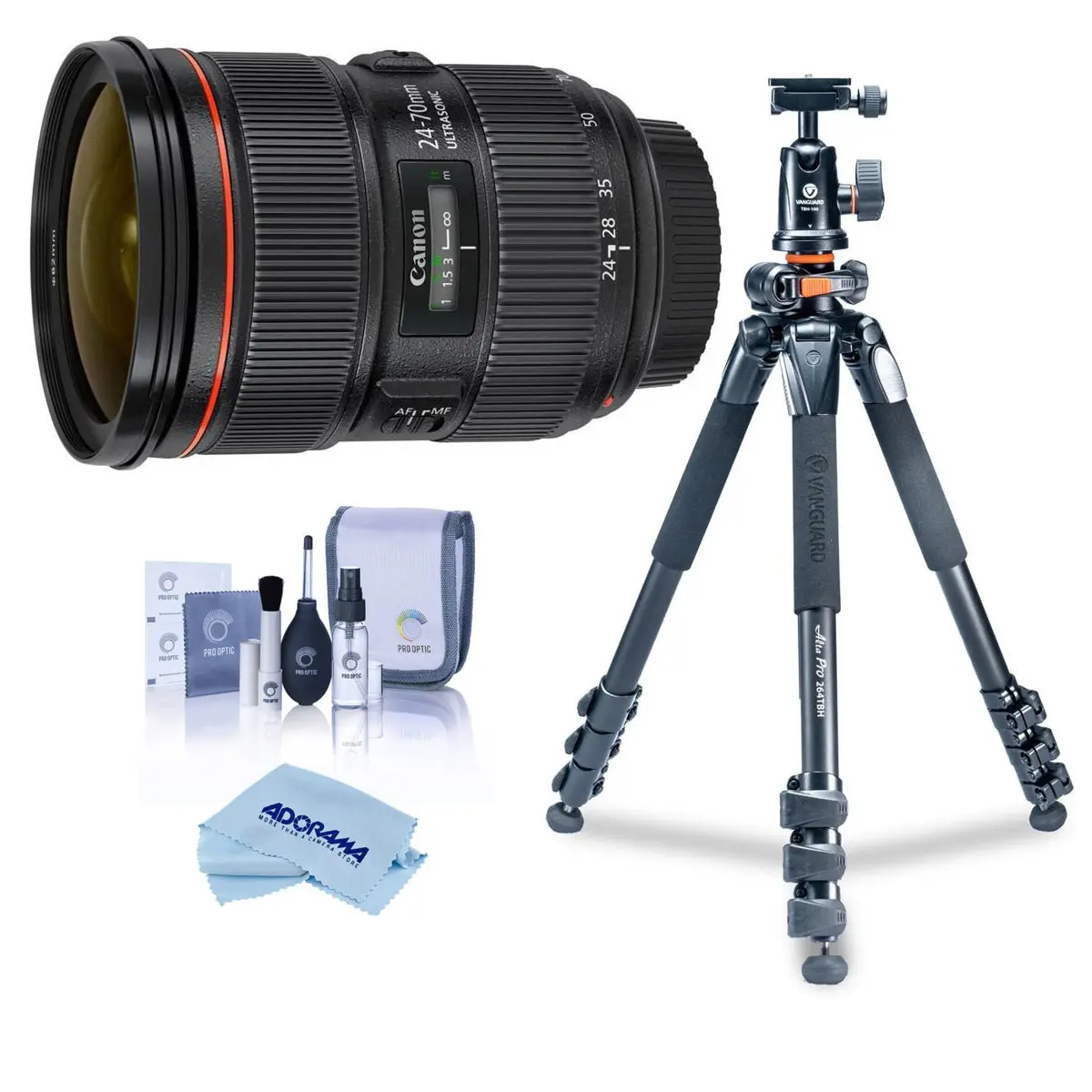 Canon EF 24-70mm f/2.8L II USM Lens, Bundle with Takama 3-Section Aluminum Video Tripod with Fluid Head, Cleaning Kit, Cleaning Cloth