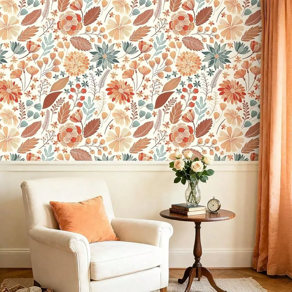 Peel & Stick Vintage Botanical Wallpaper, Terracotta Floral Print, Removable Waterproof Vinyl, Easy to Clean, Living Room & Dining Room Decor, Floral Peel And Stick Wallpaper