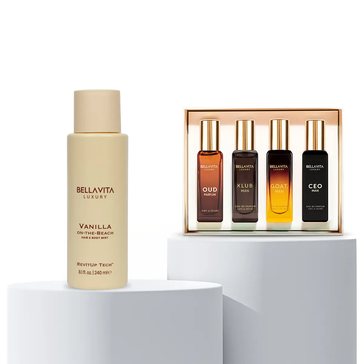The Vanilla Edge Duo by Bellavita Luxury | Men’s Perfume Gift Set & Vanilla-on-the-Beach Hair & Body Mist | Fresh, Woody & Warm Vanilla Scents | Notes of Tropical Vanilla & Musk | Long-Lasting Eau De Parfums & Revivable Water-Based Mist