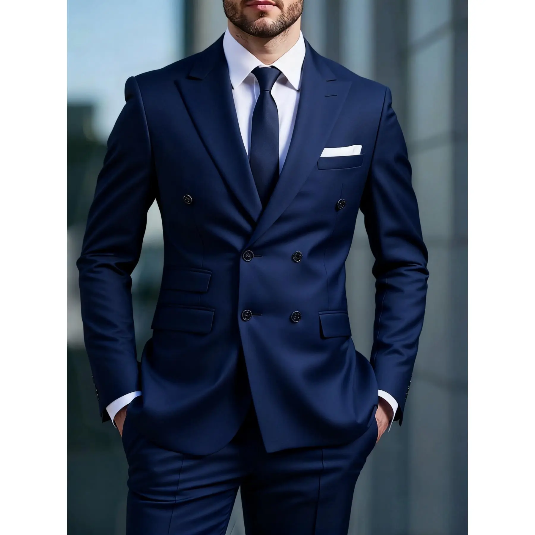 Men's Luxury Monochrome 2-Piece Long Sleeve Suit - Exquisite Fancy Double Breasted Peak Lapel Blazer & Trousers, Luxurious Comfortable Durable Material, All-Season Formal Menswear for Special Occasions, Exquisite Men's Suits, Luxurious Men's Suits