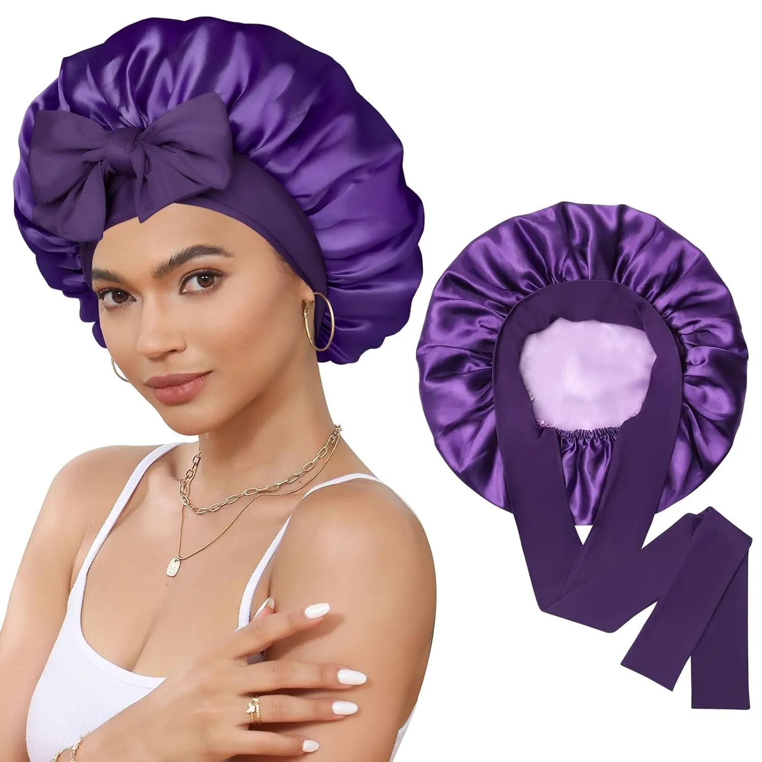 Not for Sale - 1 Piece of Satin Sleep Cap Random Color Double-Layered Headband with Elastic Band Suitable for Curly Hair for Nighttime Use