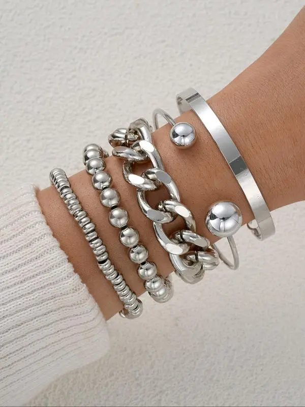 5-Piece Vintage Chain Cuff Bracelet Set, Chunky Open Bangle Stackable Design, Trendy All-Match & Exquisite Jewelry for Party & Daily Wear, Gift for Girlfriend & Wife, Fashion Accessories