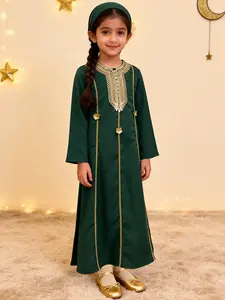 Girls Muslim Style Modesty Long Robe Dress, Emerald Embroidered V-Neck, Long Sleeve Comfortable Drape, Perfect for Festivals, Daily, Ramadan