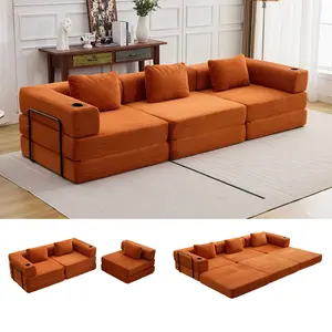 Modular Floor Sofa Bed with Two Cup Holders High-Quality Corduroy Fabric Free Combination Design Premium Sponge Padding Multifunctional for Small Spaces Living Room Mattress