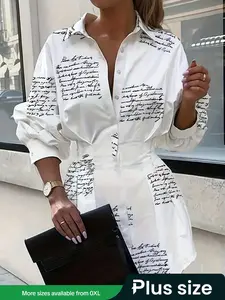 Plus Letter Print Button Front Shirt, Casual Long Sleeve Collar Neck Top For Spring & Fall, Women's Clothes For Daily Wear