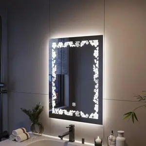 ZIYOO Square Frameless Led Bathroom Mirror With Etched Pattern, Front & Back Light, 3-Color Dimmer, Plug-In / Hardwired, Horizontal / Vertical