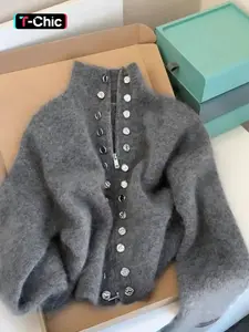 Elegant Women's Knitted High Neck Long Sleeve Cardigan, with Ribbed and Faux Button Detail, Perfect for Spring & Fall Fashion, Womenswear, Knitwear