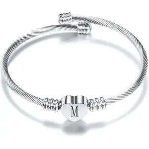 Women Initial Heart A-Z Letter Cuff Bracelet Personalized Name Expandable Wristband Bangle Stainless Steel Birthday Jewelry