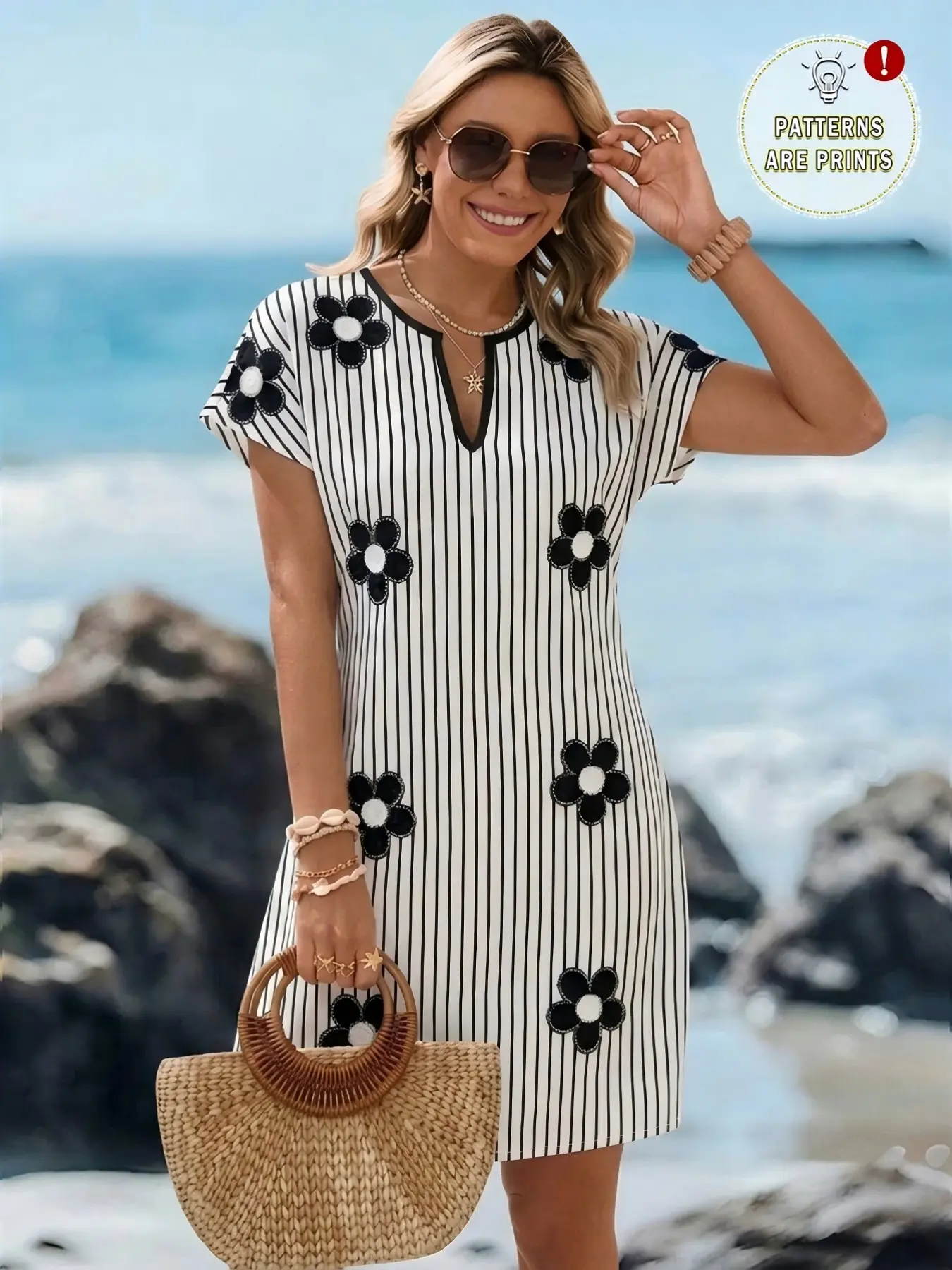 Women's Short Sleeve V Neck Striped Floral Print Tunic Dress, Black White Loose Fit Boho Flowy Casual Shift Dress, Summer Outfit for Beach, Chic Beach Wear, Vacation, Daily, Trendy Streetwear for Ladies, Boho Fashion Dress, Boho Summer Dresses