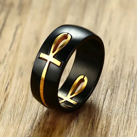 Punk Style Cross Ankh Ring - Black & Golden, Detachable Element, Cold Tone Finish, Versatile Artificial Gemstone Jewelry, Ideal Religious Motif Gift Accessory