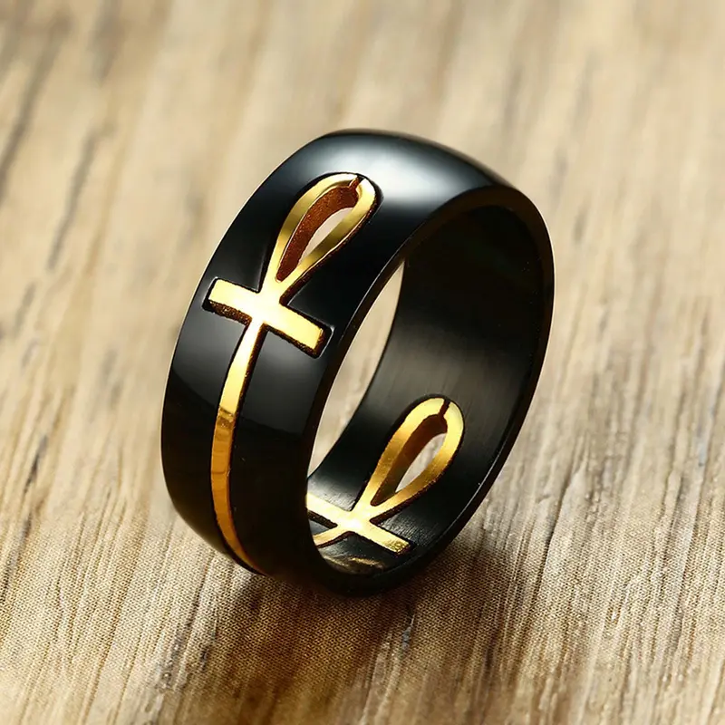 Punk Style Cross Ankh Ring - Black & Golden, Detachable Element, Cold Tone Finish, Versatile Artificial Gemstone Jewelry, Ideal Religious Motif Gift Accessory