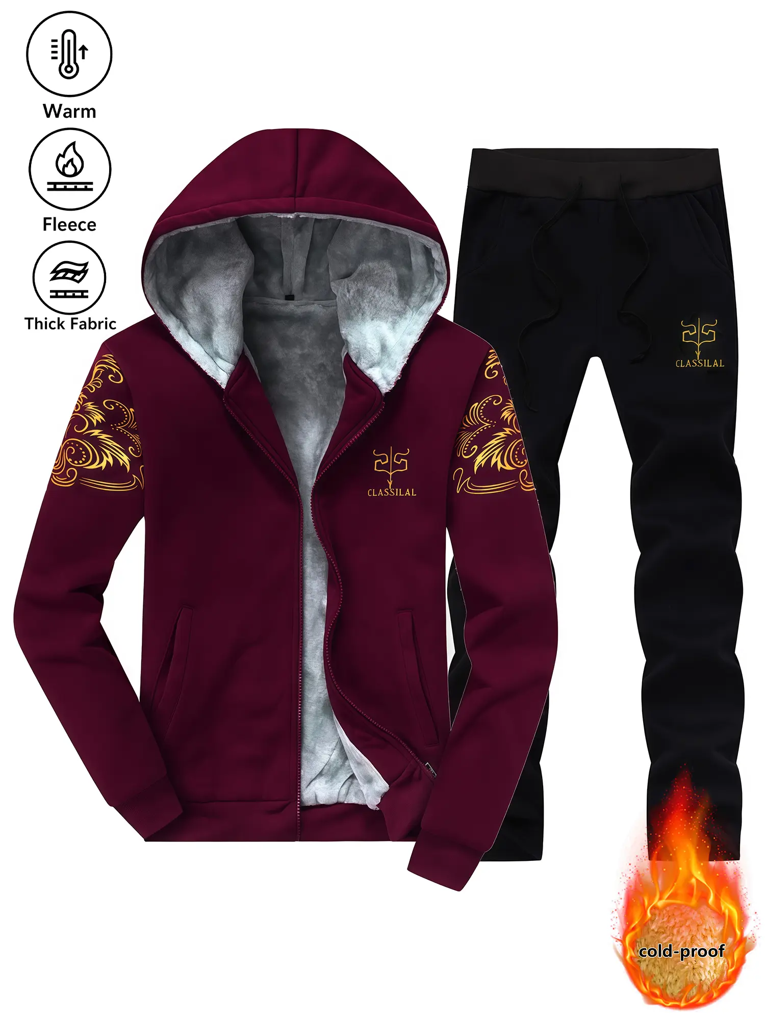 Men's Winter Fleece Lined Hooded Jacket Jogger Pants Set Thick Thermal Zip Up Jacket 2 Piece Tracksuit Casual Athletic Outfit Warm Coat and Sweatpants