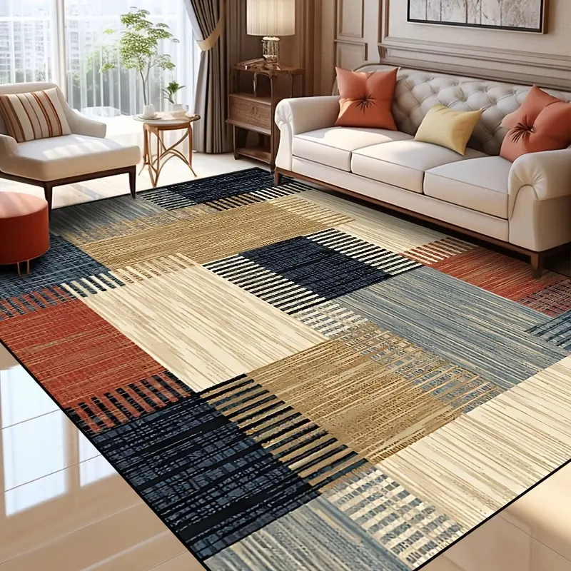 1pc 5x7 Short-Haired Flannel Home Decorative Rug, Multicolor Plaid Print Indoor Area Rug with Geometric Patchwork Square Checkered Design, Light Luxury High-End Retro Style, Machine-Washable for Living Rooms, Indoor Area Rugs